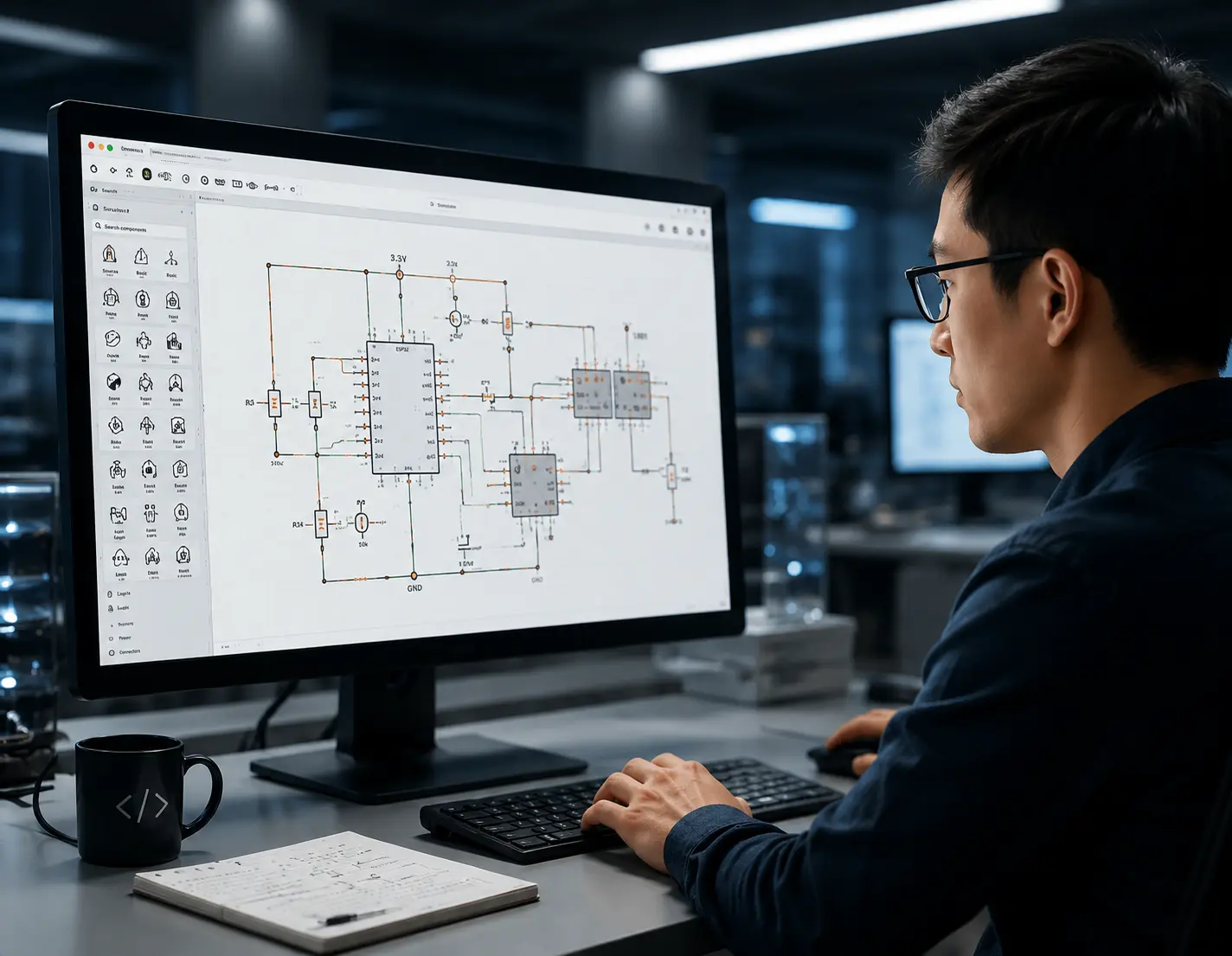 Professional engineer reviewing a schematic